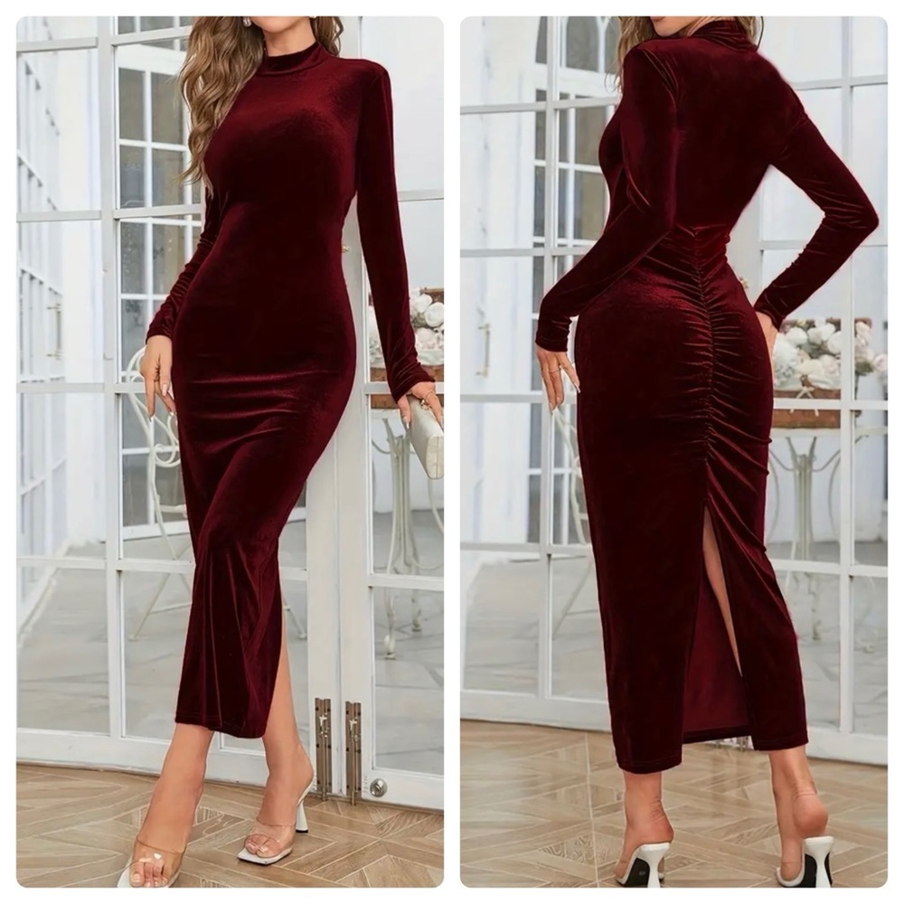 Wine Red Velvet High Neck Long Sleeve Bodycon Dress